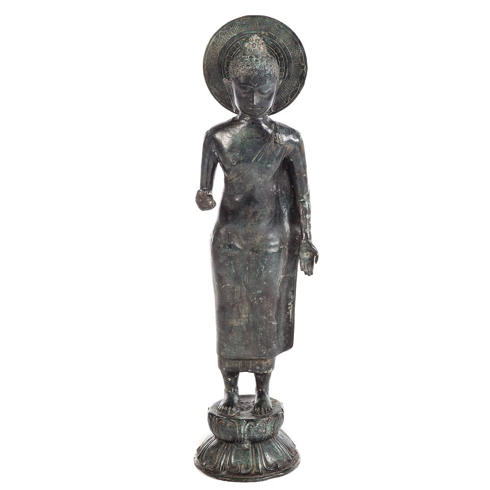 Appraisal: Large Chinese Standing Bronze Buddha Figure standing on double lotus