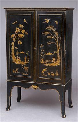 Appraisal: ENGLISH BLACK JAPANNED TWO-DOOR CABINET The doors with chinoiserie figure