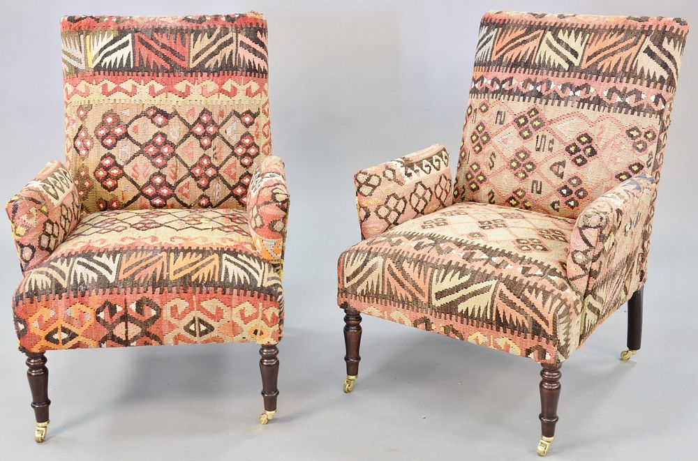 Appraisal: George Smith pair arm chairs upholstered in flat weave carpet