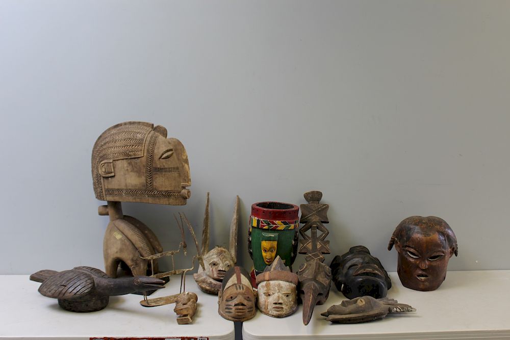 Appraisal: Large Grouping African Masks Sculptures and more From a Queens