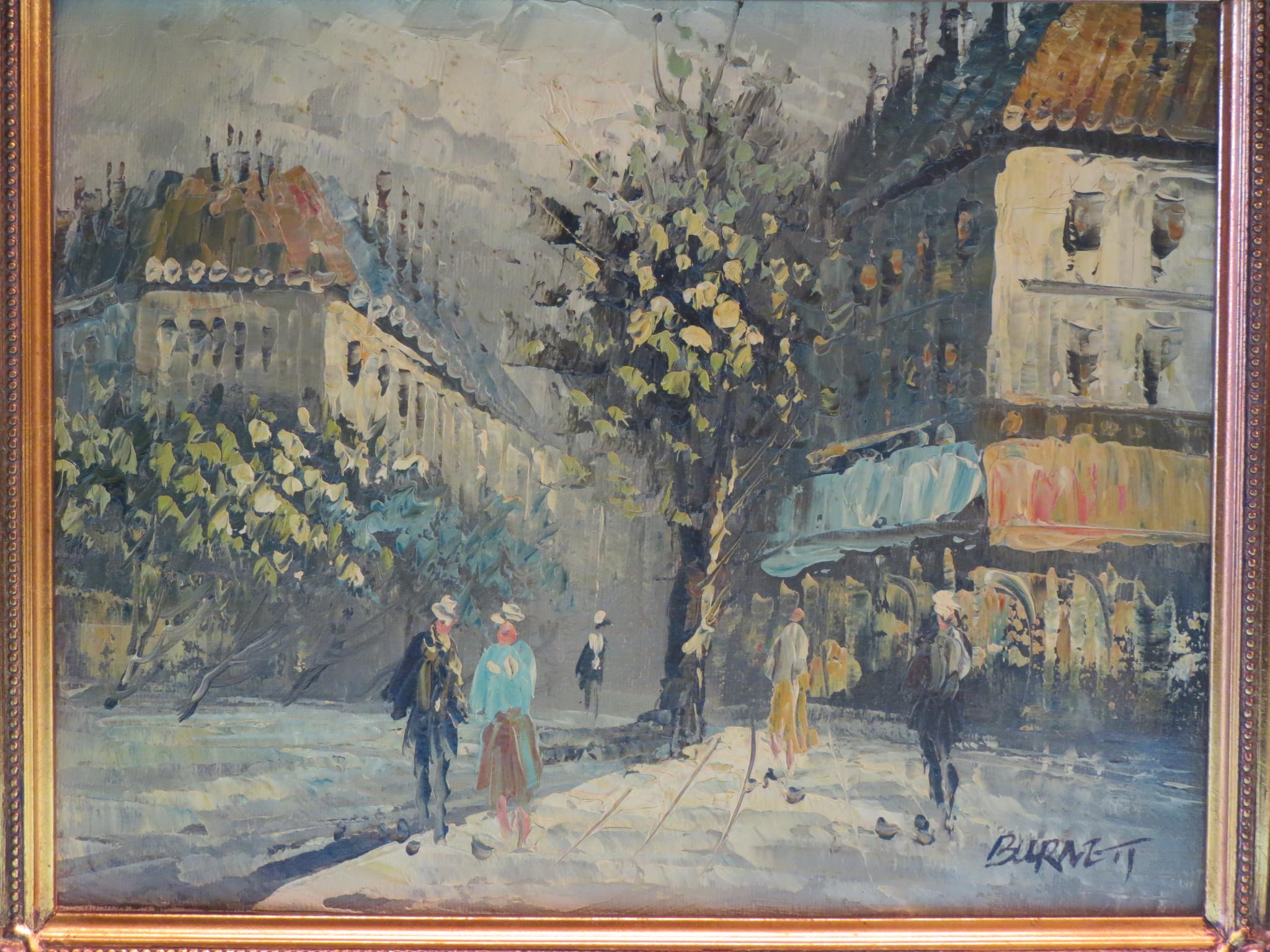 Appraisal: Burnett - modern oil on canvas populated Parisien street signed