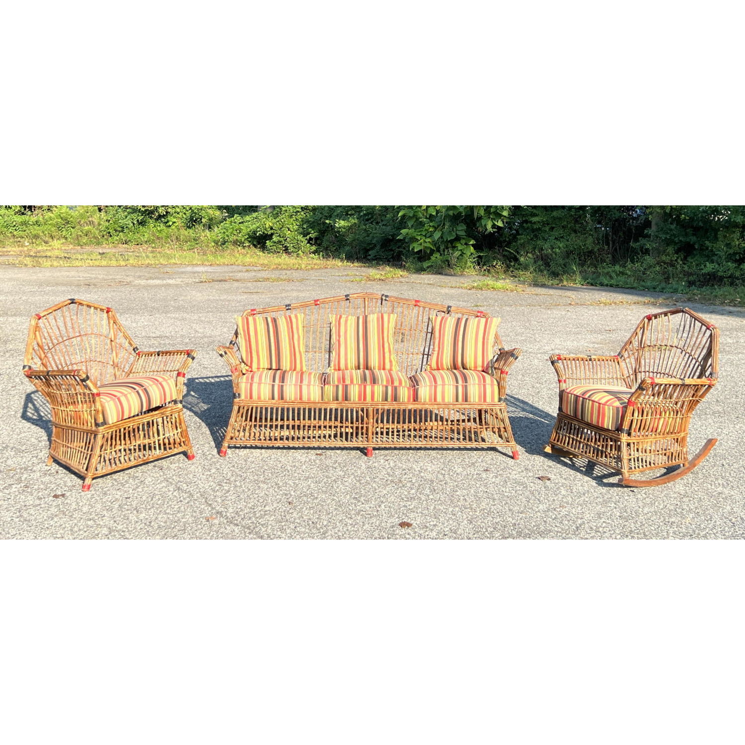 Appraisal: pc Vintage Rattan Porch Set Sofa Rocker and Chair Dimensions