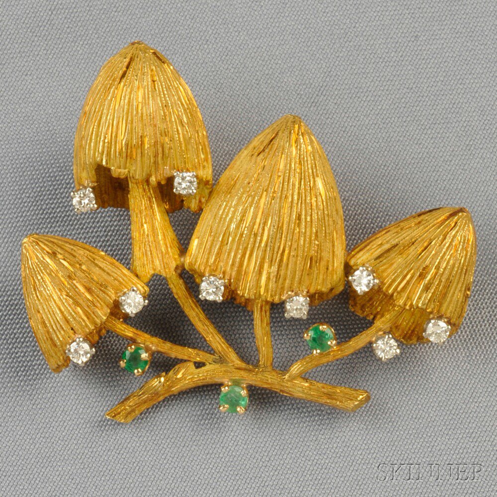 Appraisal: kt Gold Gem-set Figural Brooch designed as four mushrooms circular-cut