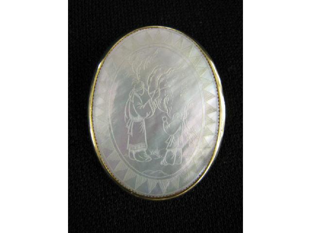 Appraisal: k Gold Pin or Pendant with Oriental engraved mother-of-pearl medallion