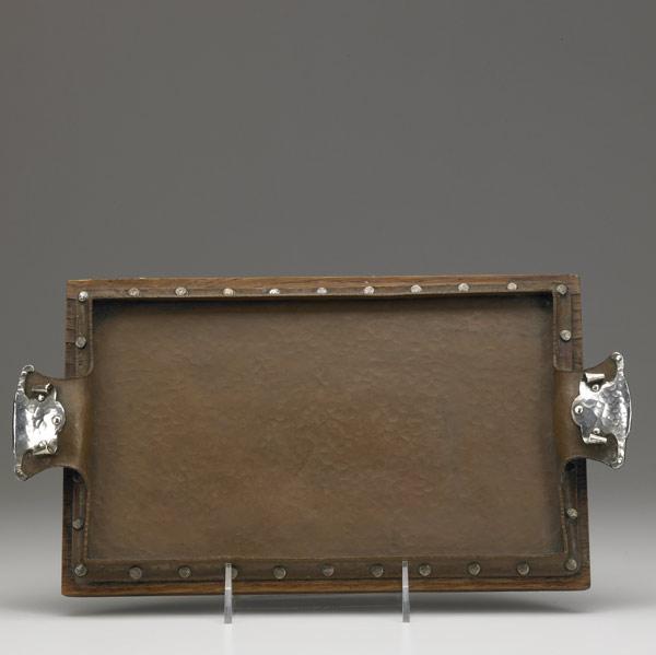 Appraisal: SHREVE CO Hammered copper and silver tray on oak base