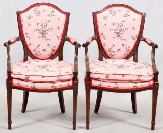 Appraisal: FRENCH STYLE SHIELD BACK ARMCHAIRS TH C PAIR FRENCH STYLE