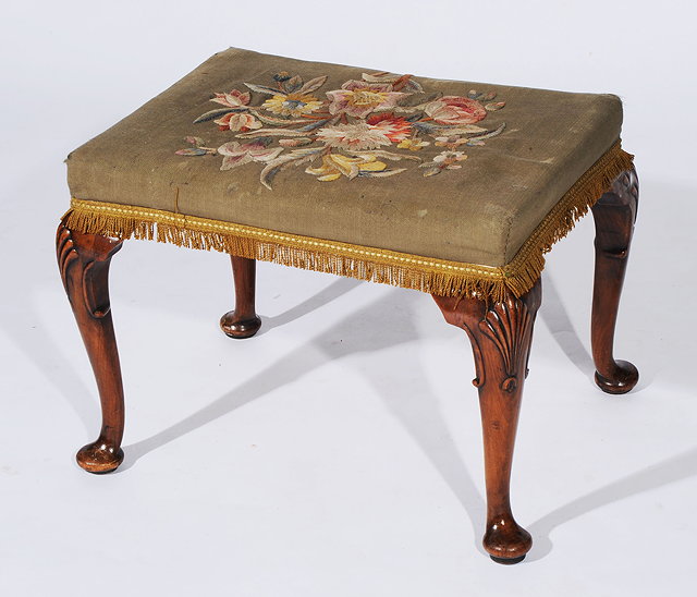 Appraisal: A GEORGE II STYLE WALNUT DRESSING STOOL with upholstered seat