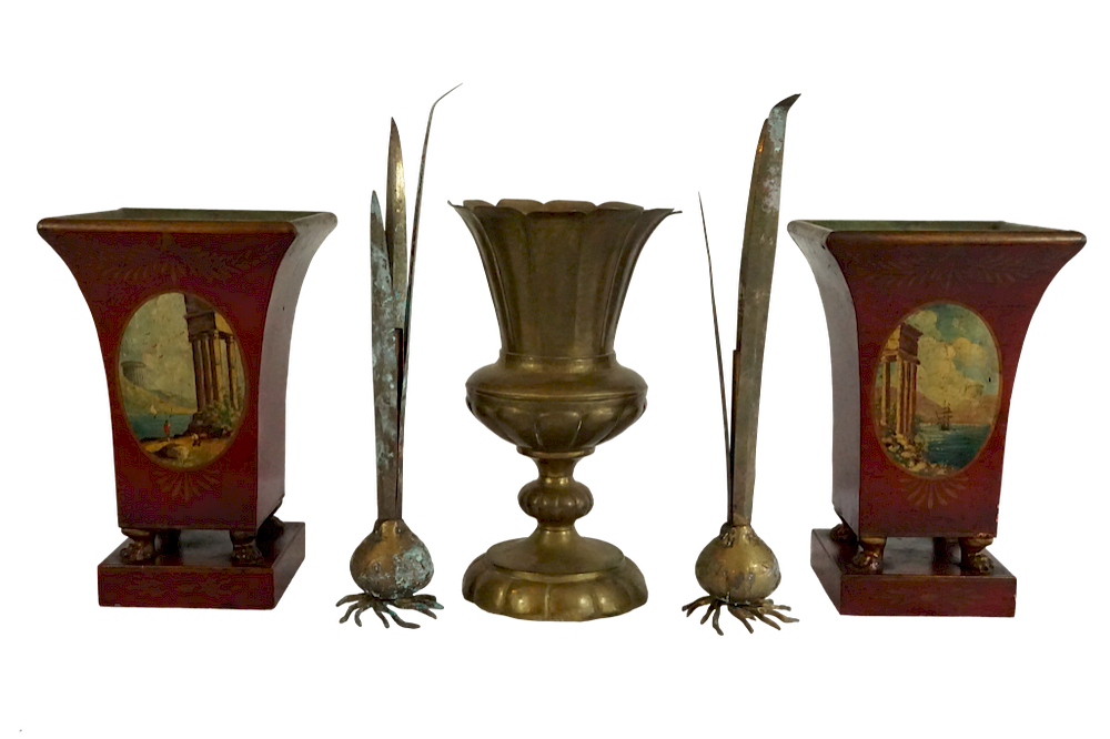 Appraisal: Pair of French Tole Planters and Brass Urn and Floral