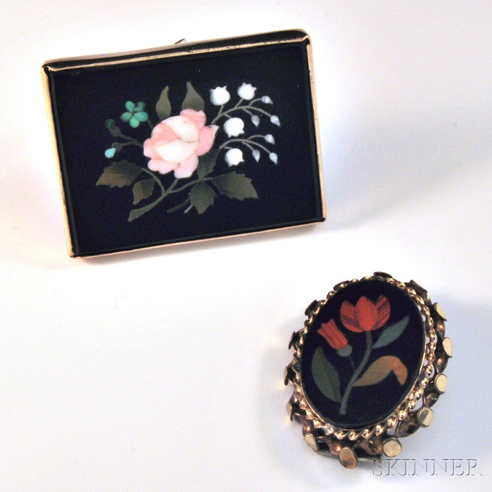 Appraisal: Two Floral Pietra Dura Brooches a mourning pin with red