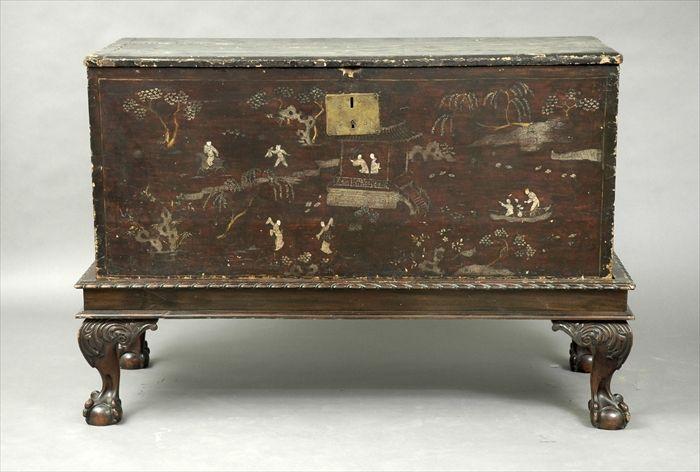 Appraisal: Japanese Export Mother-of-Pearl Inlaid Black Lacquer Coffer on George III-Style