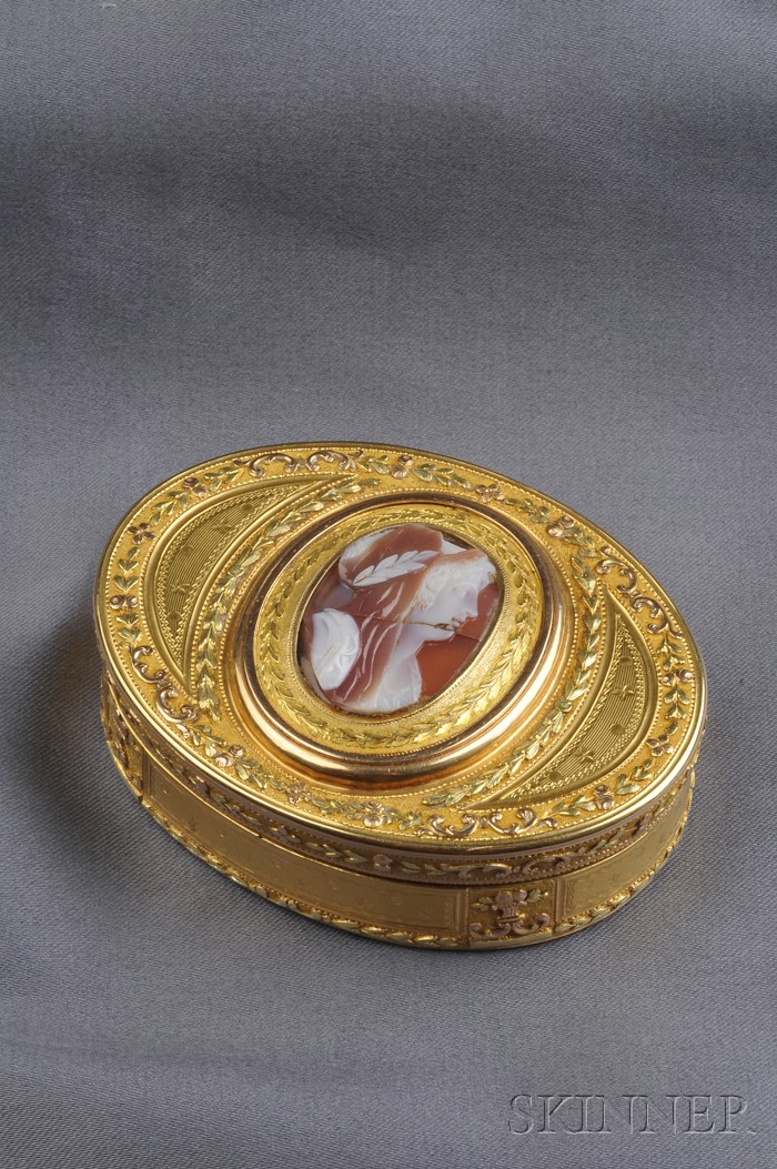 Appraisal: Antique kt Tricolor Gold and Hardstone Cameo Box probably France