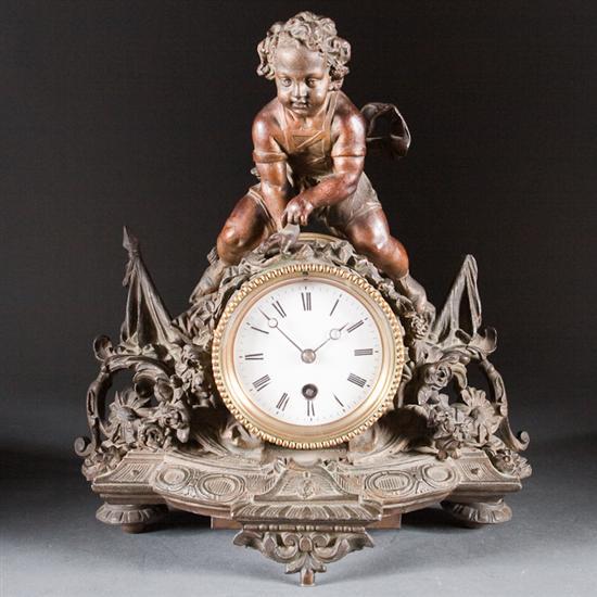 Appraisal: Rococo Revival patinated spelter figural mantel clock late th century