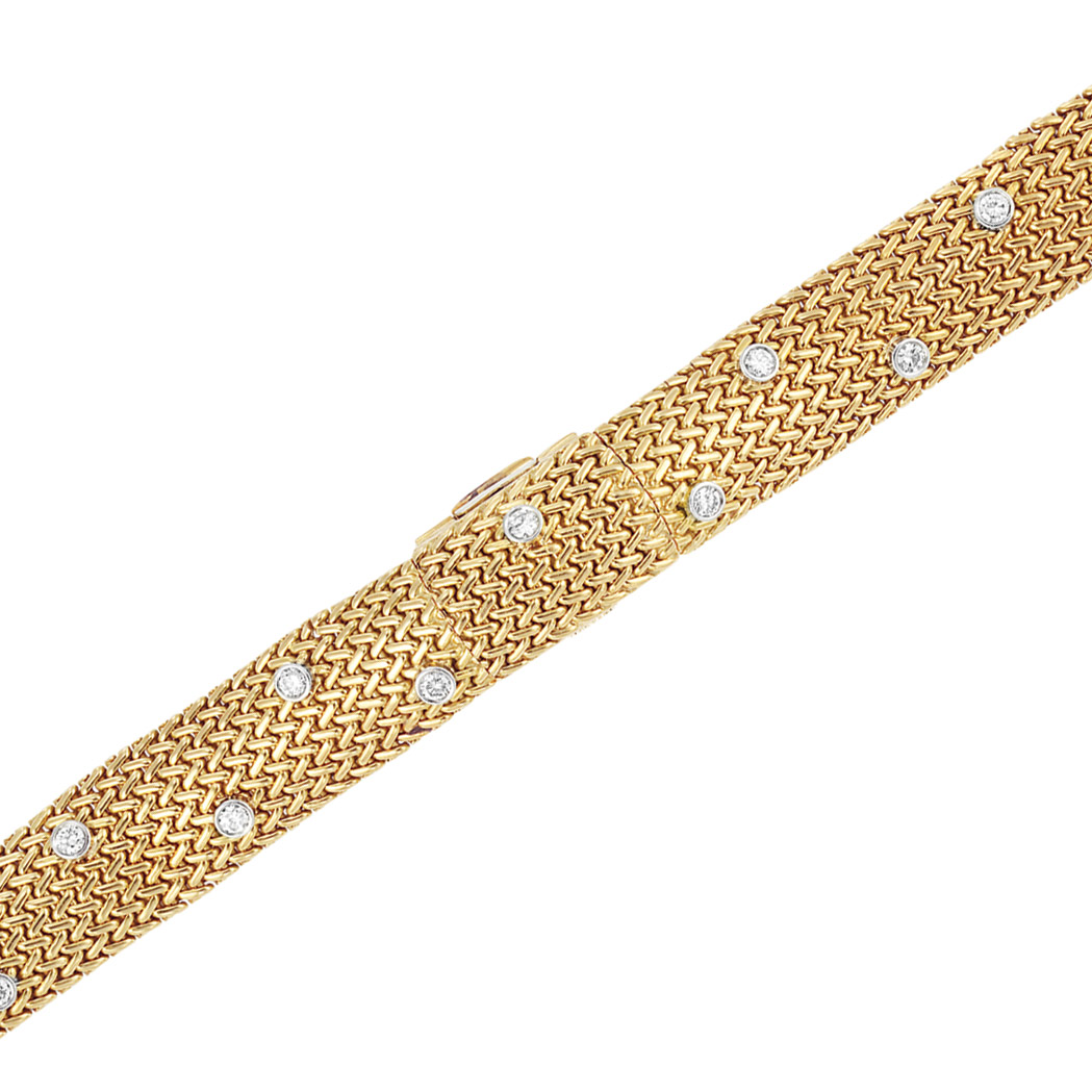 Appraisal: Gold Platinum and Diamond Mesh Bracelet-Watch kt diamonds ap ct