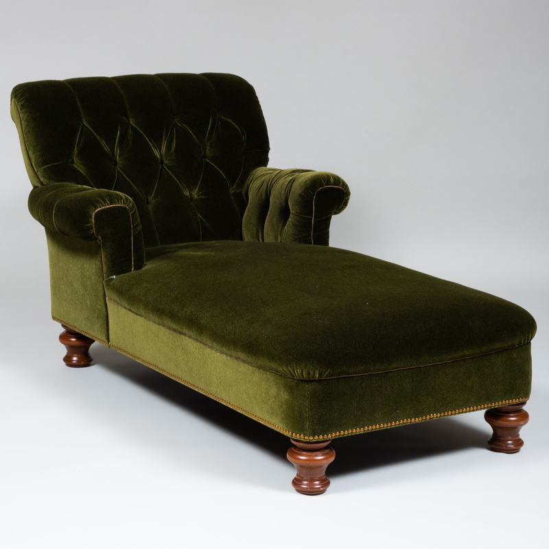 Appraisal: PAIR OF GREEN MOHAIR TUFTED UPHOLSTERED CHAISE LOUNGES x x