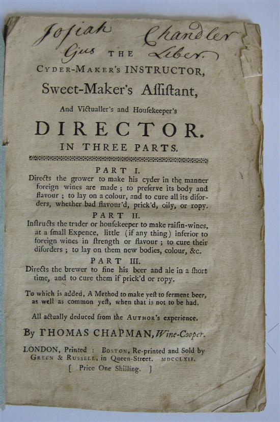 Appraisal: EARLY AMERICAN IMPRINT Chapman Thomas The Cyder-Maker's Instructor Sweet-Maker's Assistant