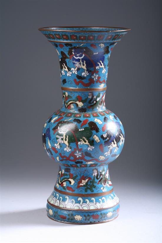 Appraisal: CHINESE CLOISONN ENAMEL GU-FORM VASE Qing Dynasty Fu dog decoration