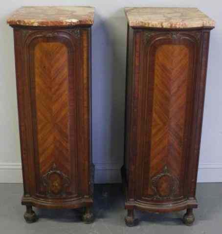 Appraisal: Pair of Satinwood Marbletop and Inlaid End Tableswith Door and