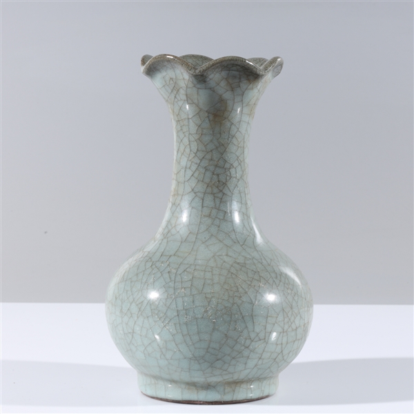 Appraisal: Chinese crackle glazed celadon vase with molded scallop rim overall