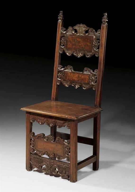 Appraisal: WALNUT CHAIR Baroque Italy th century With stretcher flat backrest