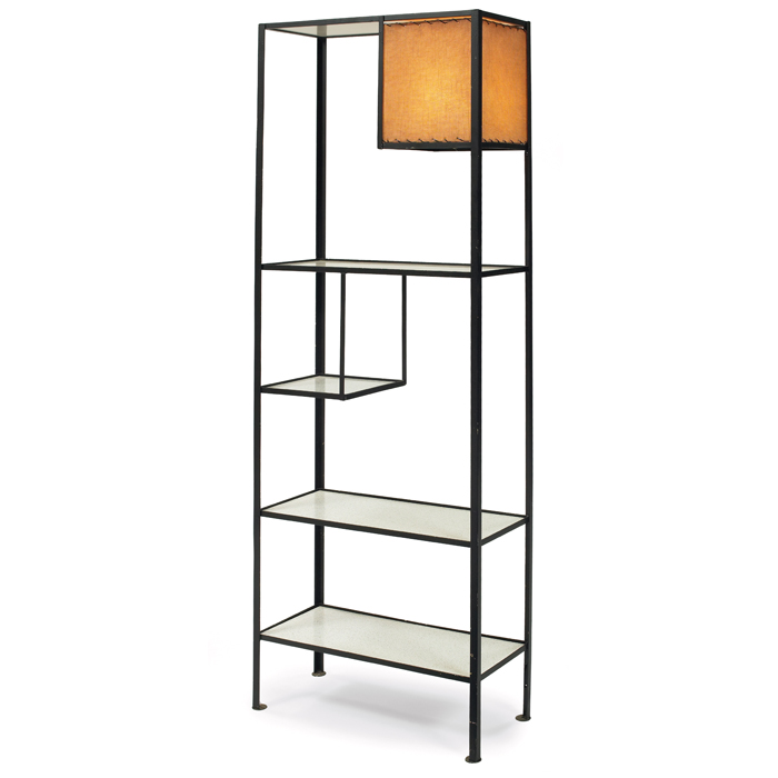 Appraisal: Frederick Weinberg shelving unit s black wrought-iron frame with five