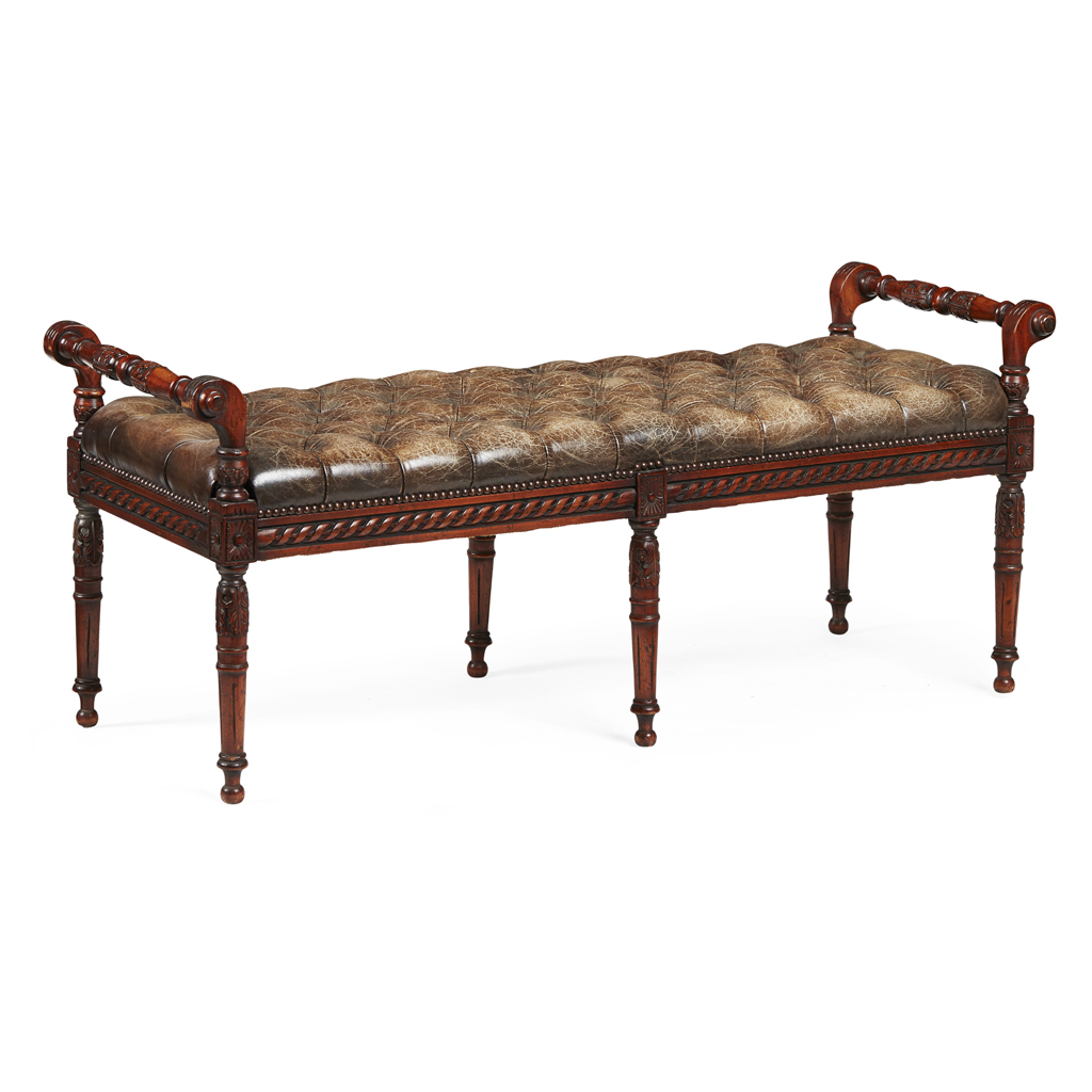 Appraisal: LEATHER UPHOLSTERED HALL BENCH TH CENTURY the long button upholstered