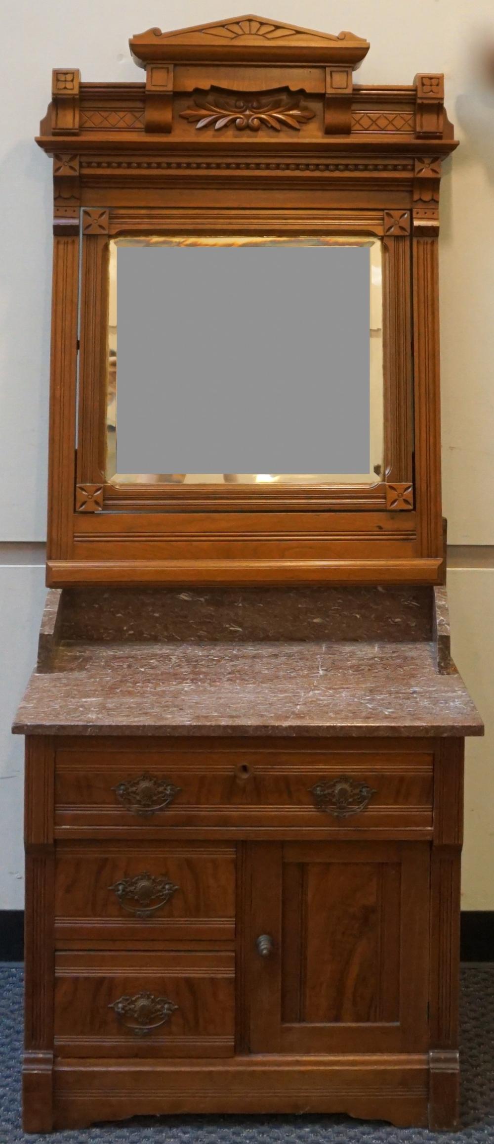 Appraisal: VICTORIAN ROCOCO STYLE WALNUT MARBLE TOP SIDE CHEST WITH MIRRORVictorian