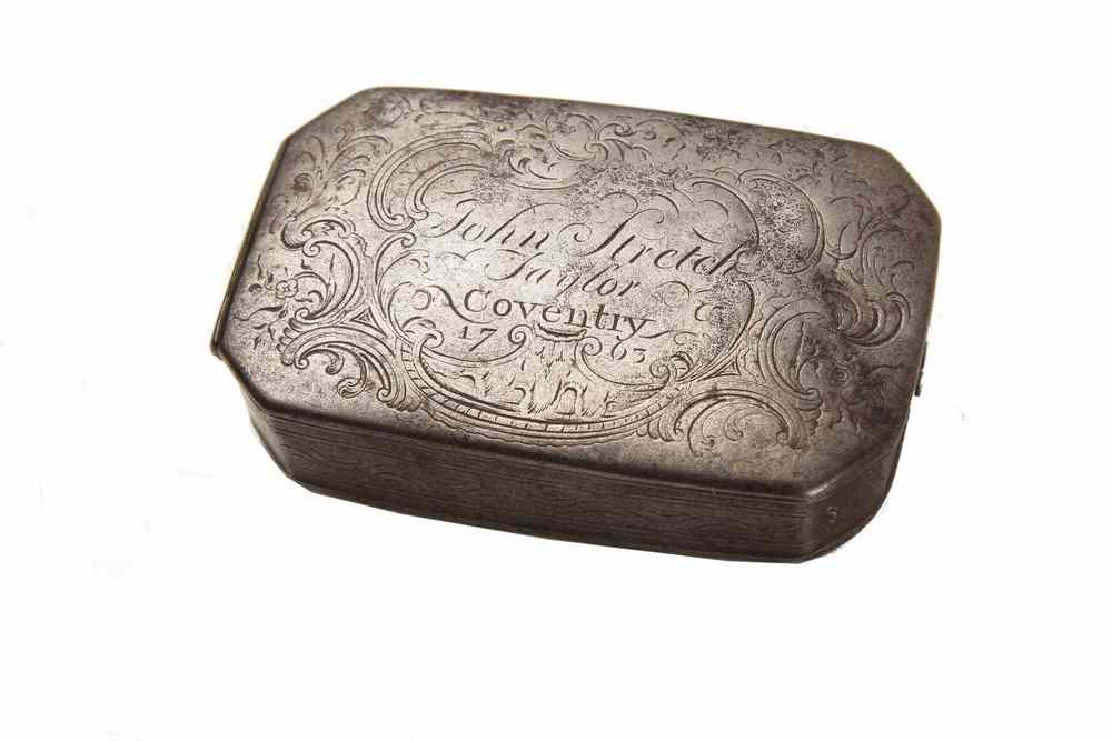 Appraisal: ENGLISH TOBACCO BOX - Tin Tobacco Box engraved 'John Stretch