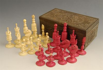 Appraisal: A turned ivory chess set natural and stained red the