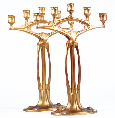 Appraisal: ART NOUVEAU Pair of five-candle candelabrum in gilt-parcel finish probably