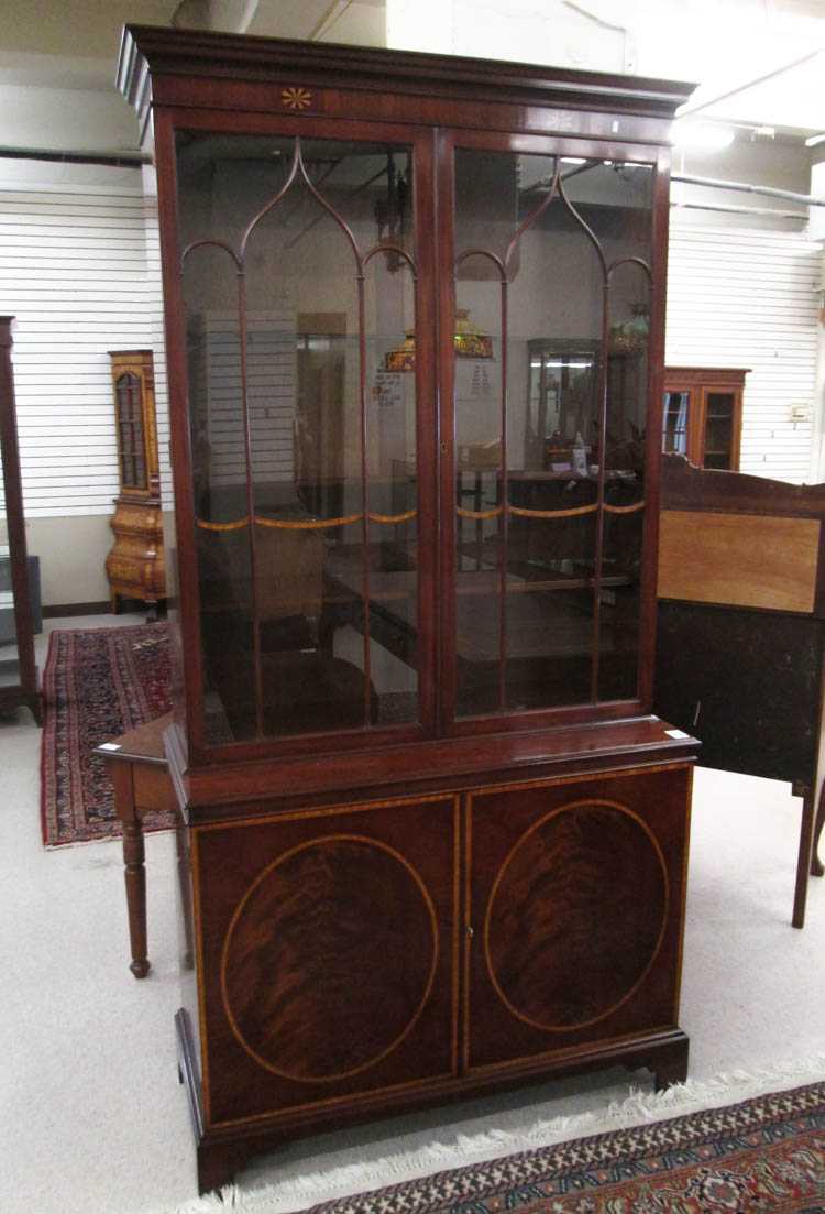 Appraisal: GEORGE III STYLE INLAID MAHOGANY CABINET BOOKCASE ON CABINET Arthur