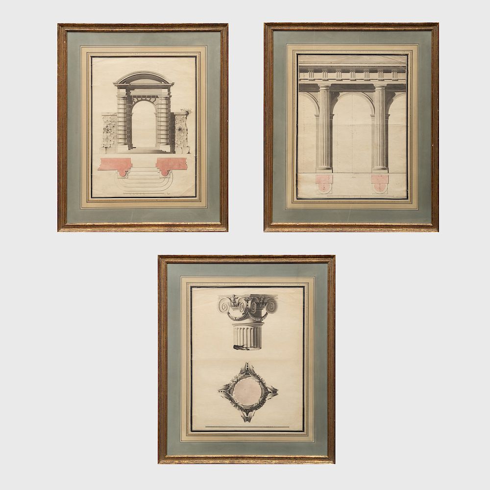 Appraisal: French School Three Architectural Drawings Three ink and wash on