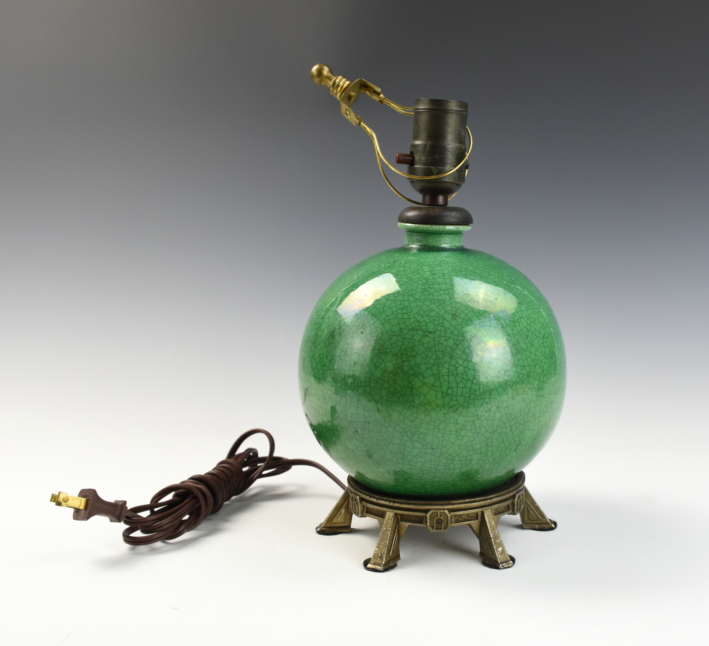 Appraisal: ASIAN GREEN GE GLAZED LAMP JAR with metal mount the