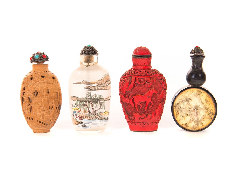 Appraisal: Chinese Scrimshaw Cinnabar Snuff Bottles Chinese reverse painted snuff bottle