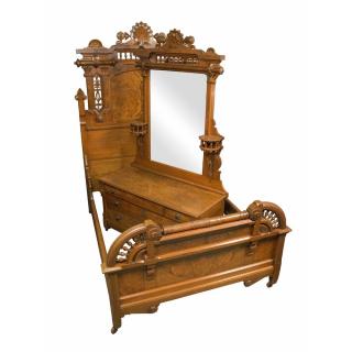 Appraisal: Victorian Walnut Bed and Dresser Victorian walnut bed and mirrored