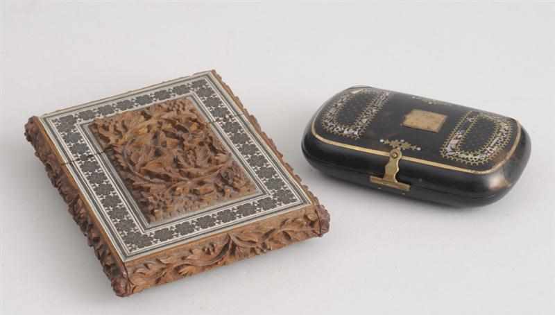 Appraisal: VICTORIAN MOTHER-OF-PEARL AND BRASS-INLAID TORTOISESHELL CASE AND AN IVORY MOSAIC-INLAID