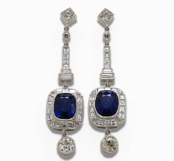 Appraisal: A pair of sapphire and diamond pendant earrings estimated total