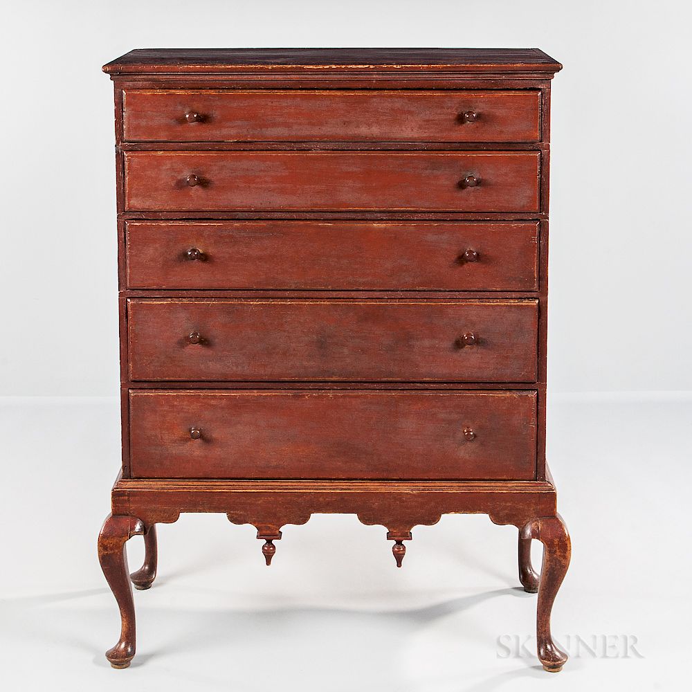 Appraisal: Queen Anne Red-painted Chest on Frame Queen Anne Red-painted Chest