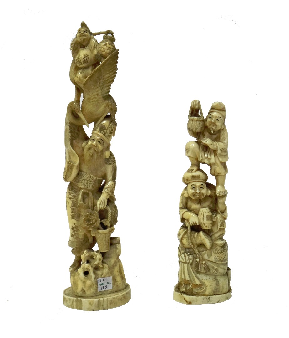 Appraisal: Two Japanese ivory okimono Meiji period one carved as a