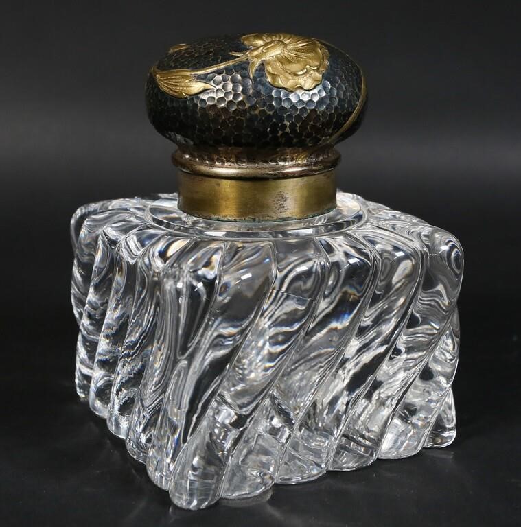 Appraisal: Crystal inkwell with hammered metal lid gold tone floral applique