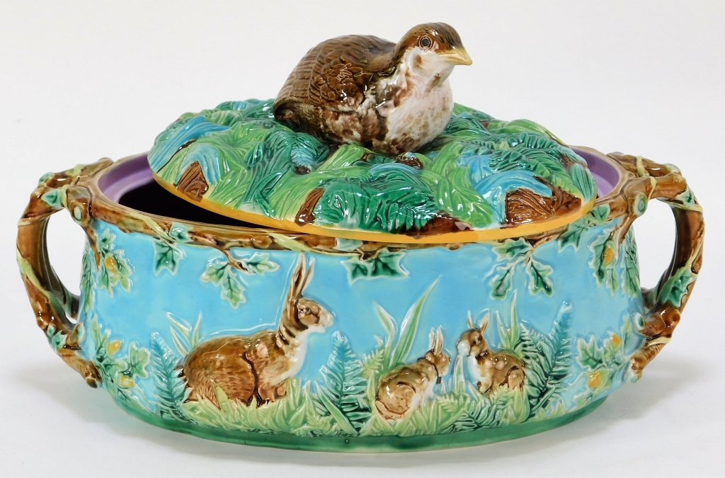 Appraisal: GEORGE JONES MAJOLICA PARTRIDGE TUREEN England Circa Figural nesting bird