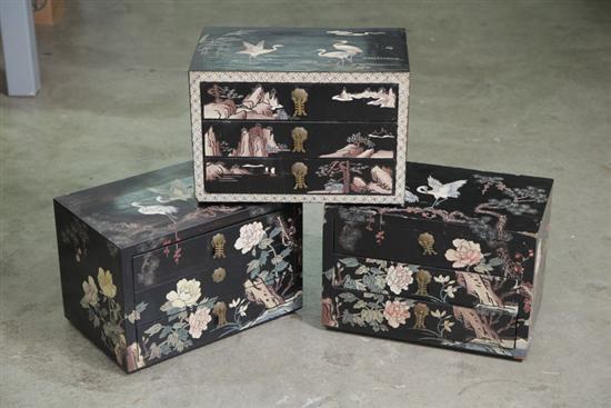 Appraisal: THREE SMALL ORIENTAL CHESTS Black laquered three drawers chests two