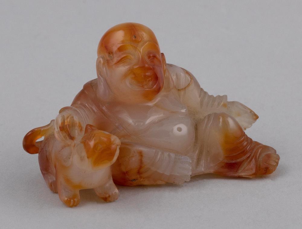 Appraisal: CHINESE CARVED AGATE BUDDHA LENGTH CHINESE CARVED AGATE BUDDHA Seated