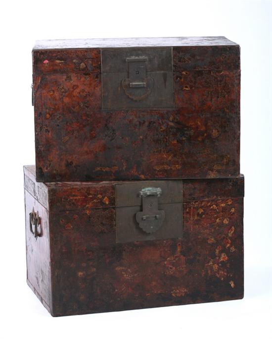 Appraisal: PAIR CHINESE LACQUERED POLYCHROME LEATHER AND WOOD TRUNKS Shanxi province