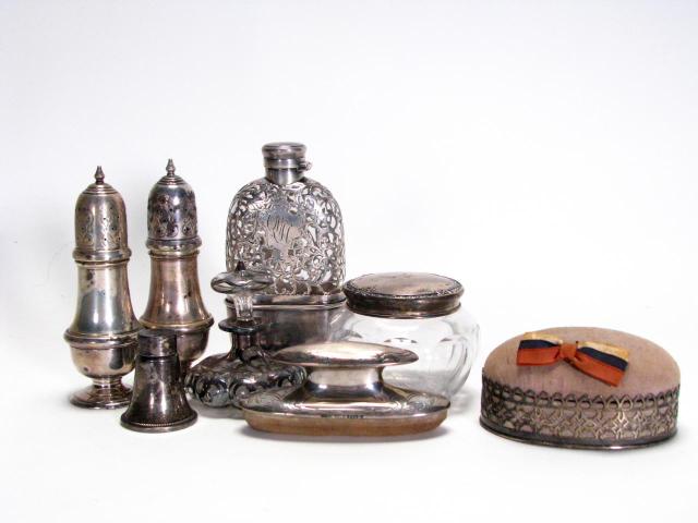 Appraisal: Group of antique sterling silver accessories including perfume bottle with