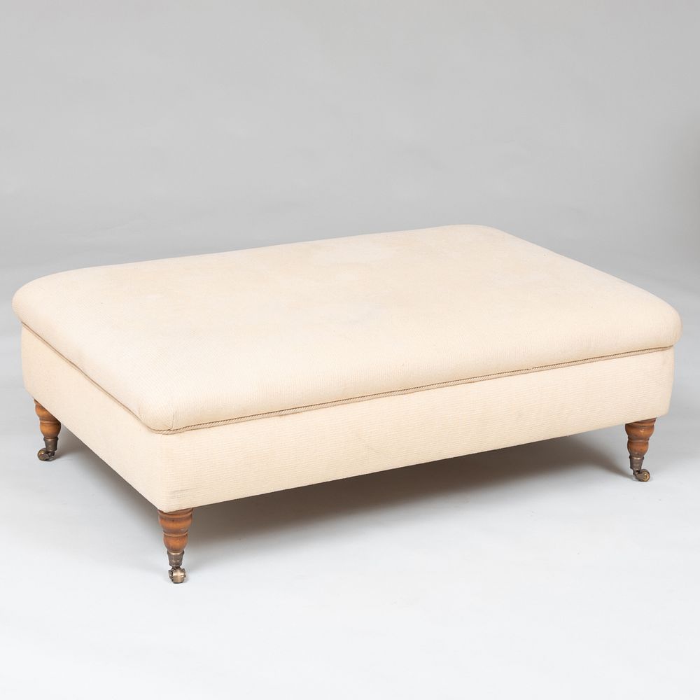 Appraisal: Victorian Style Fruitwood and Upholstered Ottoman Fitted with fruitwood legs