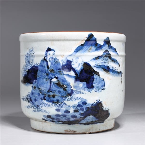 Appraisal: Chinese blue and white porcelain brush pot with scholars and