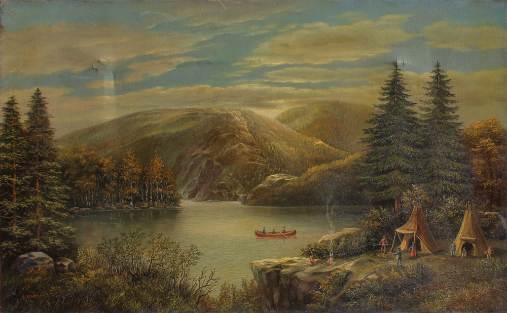 Appraisal: NEMETHY Albert Hungarian - Lakeside Landscape Scene with Indian Camp