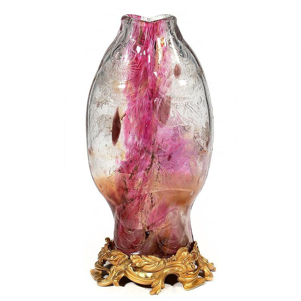 Appraisal: Gilt Bronze Mounted Chinese Glass Double Fish Vase The traditional