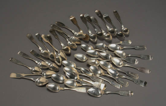 Appraisal: Group of Thirty-Nine American Silver Teaspoons Predominantly Fiddle Pattern Various