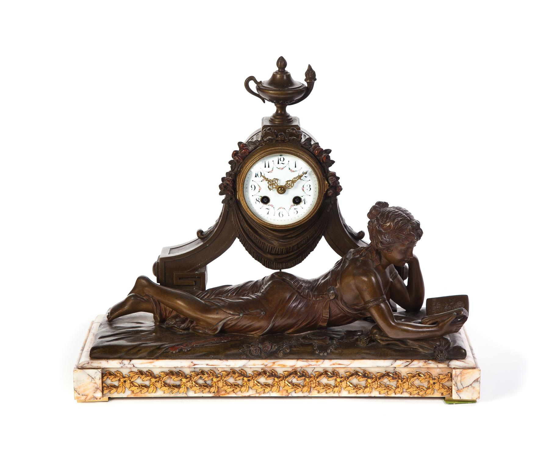 Appraisal: FIGURAL MANTEL CLOCK France st half- th century Lamp-shaped finial